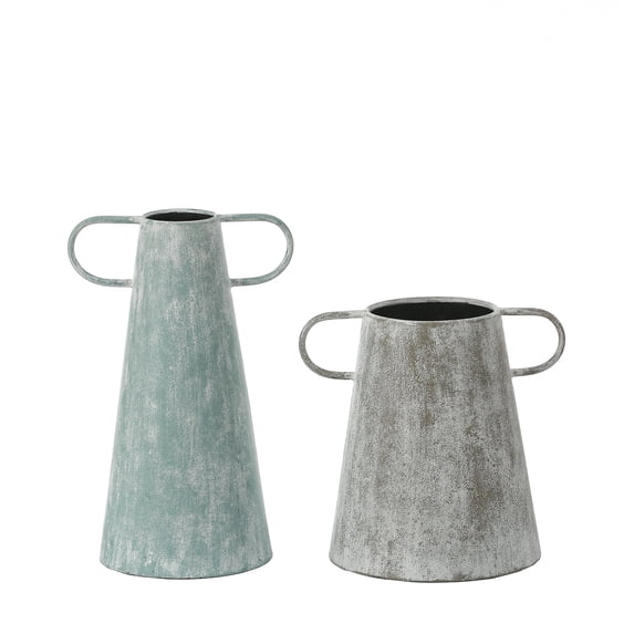 LuxenHome Set of 2 Farmhouse Blue and Gray Metal Vases