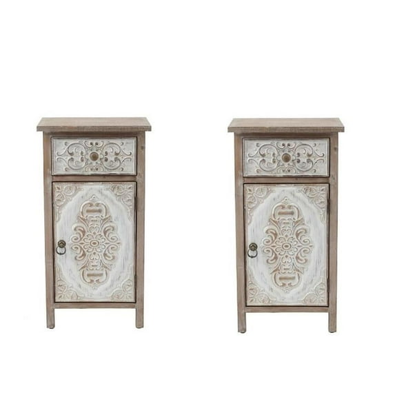 LuxenHome Set of 2 Floral Carved Wood 1-Door End Tables