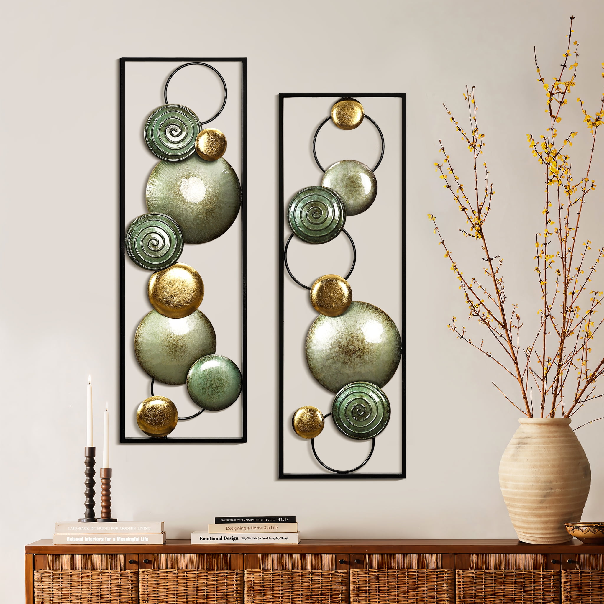 Green and Gold Metal Circles Wall Sculpture Set