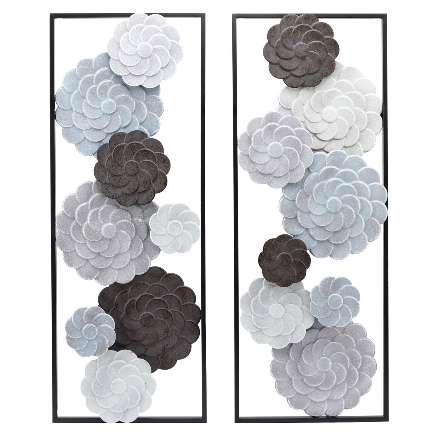 Large Black and Gray Metal Floral Wall Art Panels, Set of 2