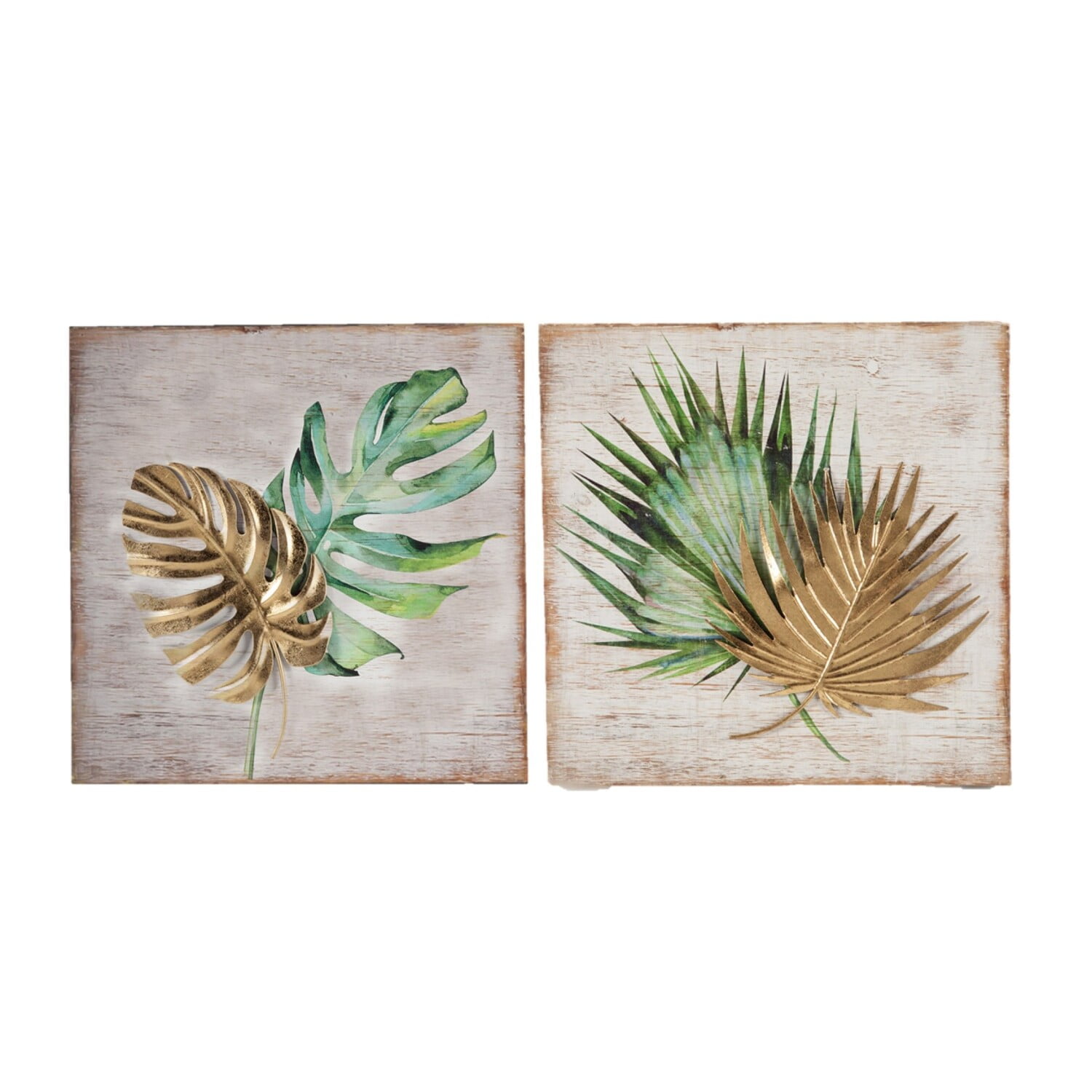 Set of 2 Green and Gold Tropical Leaf Wood Wall Sculptures