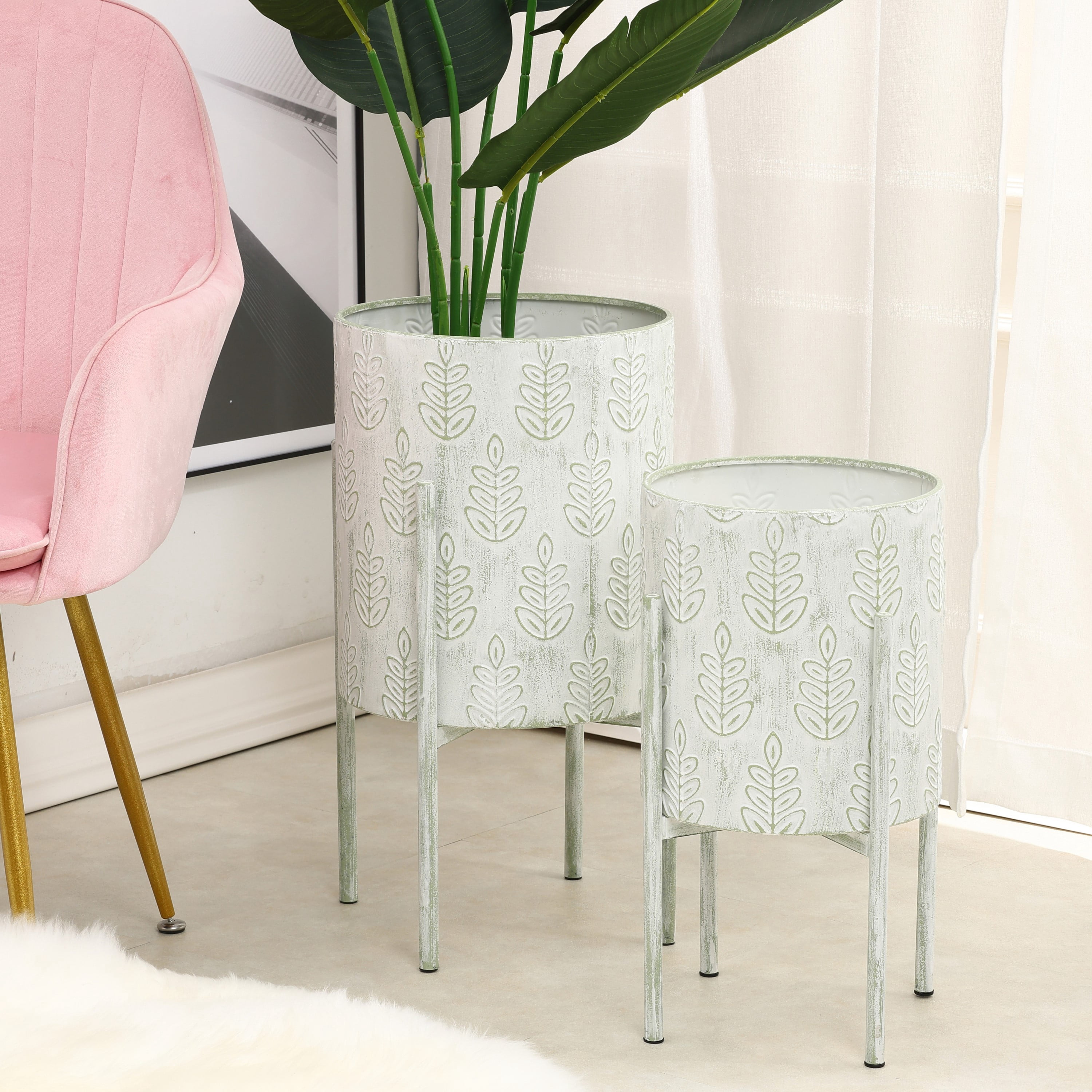 LuxenHome Set of 2 White Leaf Embossed Metal Cachepot Planters with ...