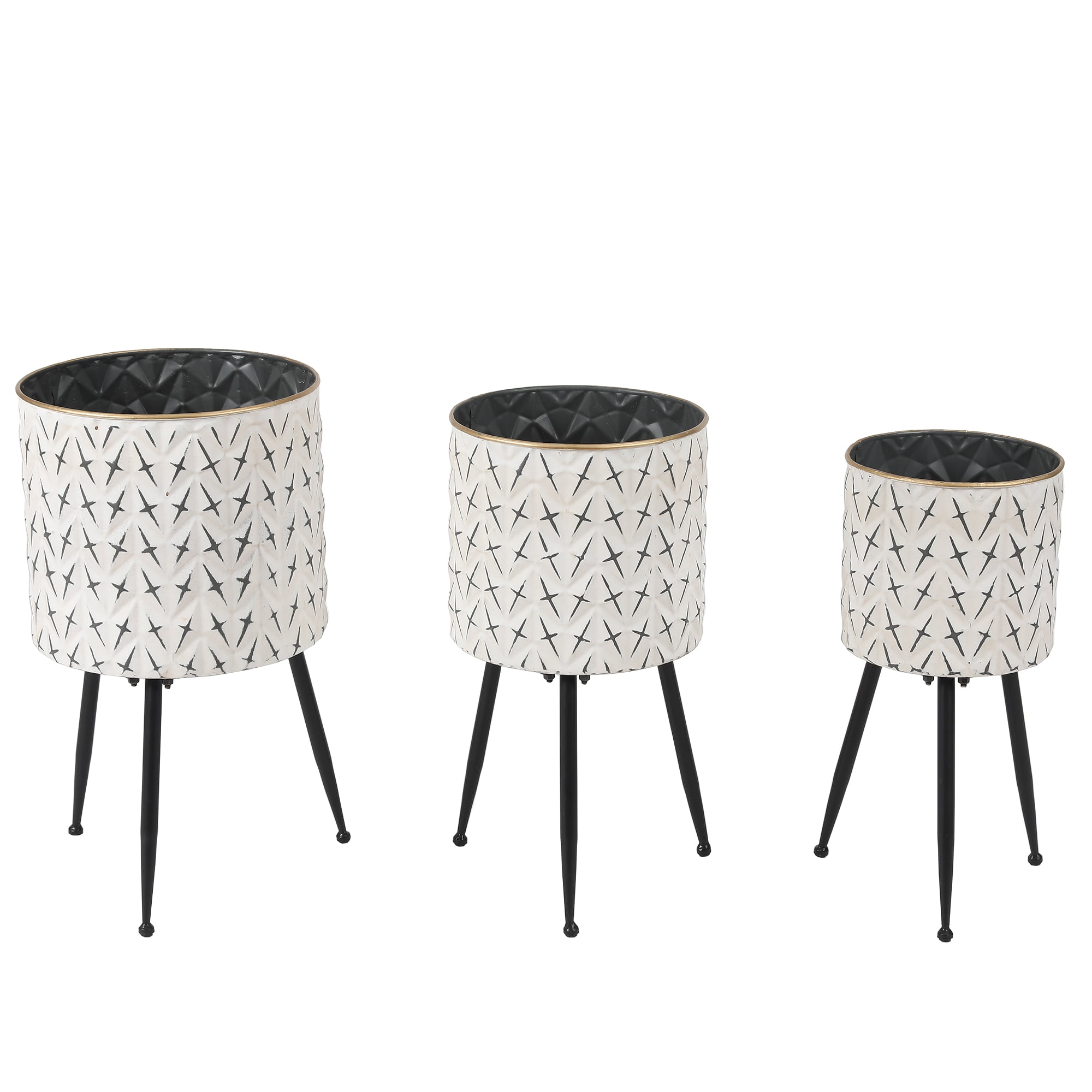 Set of 3 Distressed White and Black Metal Cachepot Planters with Tripod Legs