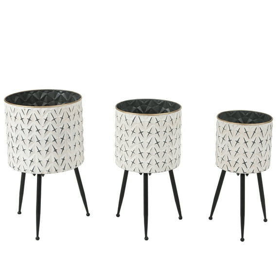 LuxenHome Set of 3 Distressed White and Black Metal Cachepot Planters with Legs