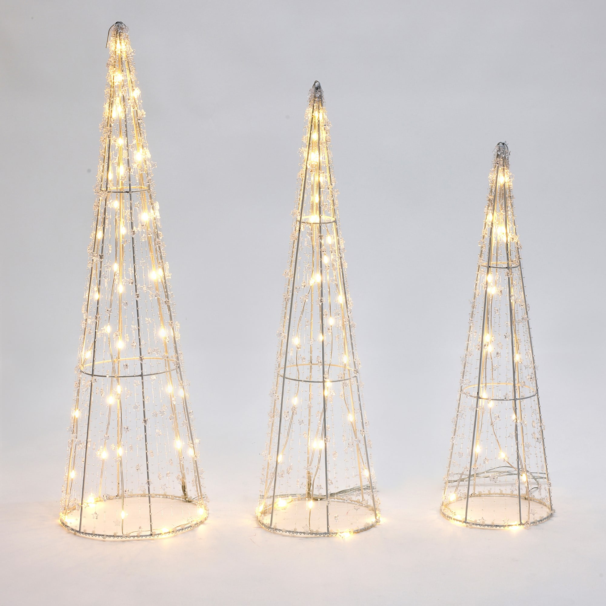 Gold Lighted Metal Cone Trees Set for Indoor and Outdoor Holiday Decoration