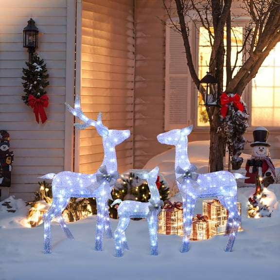 LuxenHome Set of 3 Lighted White Deer with Silver Bows, Indoor Outdoor Christmas Decoration