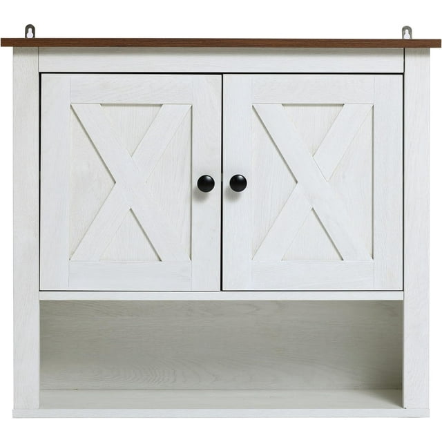 LuxenHome Sliding Door White Wood Wall Cabinet Farmhouse Wall Storage ...