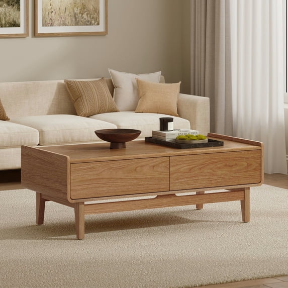 LuxenHome 47" Mid Century Modern Oak Coffee Table with Storage, Large Wooden Coffee Table for Living Room