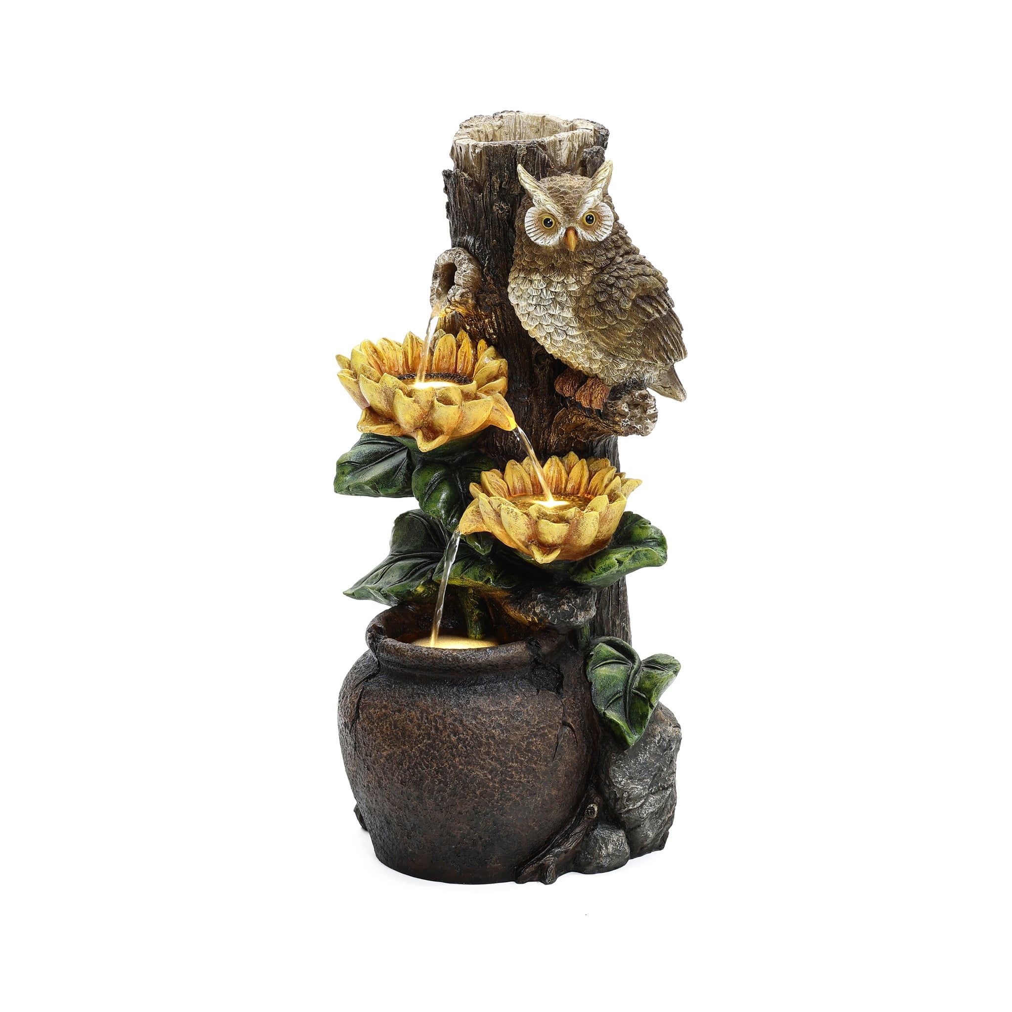 LuxenHome Sunflower and Owl 2.3-Feet Tall Outdoor Polyresin Fountain with Lights