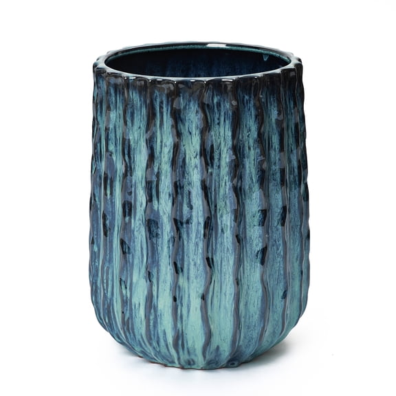 LuxenHome Verdant Rise Ribbed Ceramic Planter, Coastal Gradient Decorative Pot for Indoor/Outdoor Decor