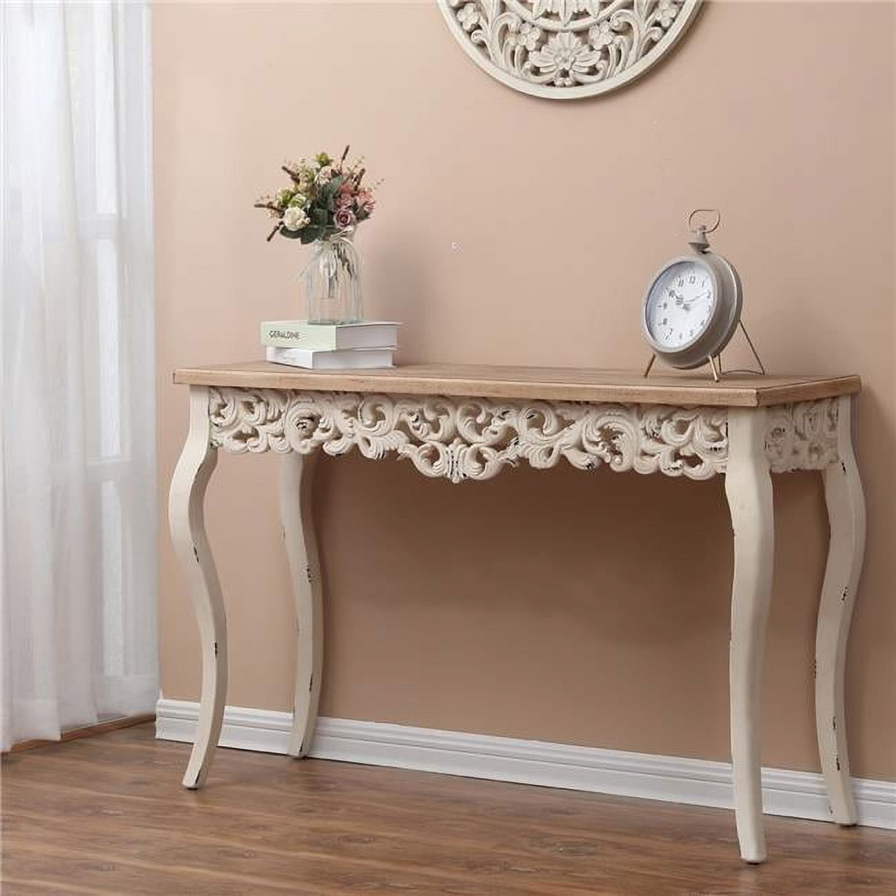 Victorian Off-White and Natural Wood Console Table with Storage