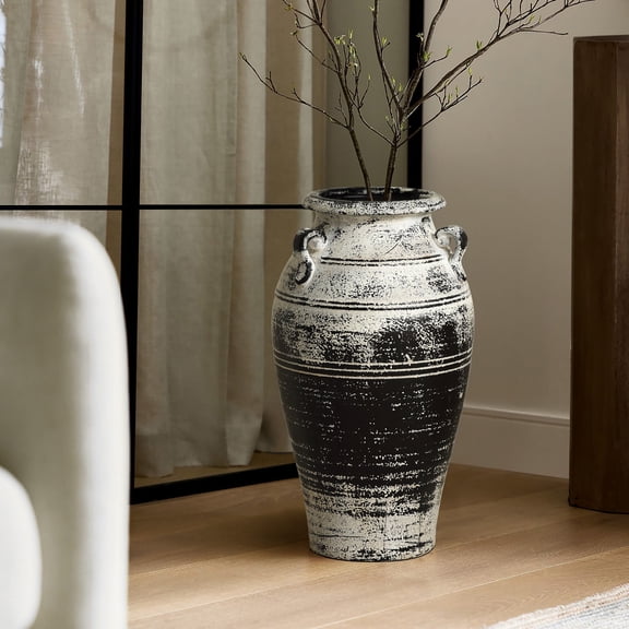 LuxenHome Vingate White and Black Ceramic 18.3-Inch Tall Urn Vase