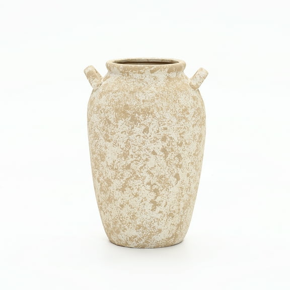 LuxenHome Vintage Pottery Off-White with Brown 15.75-Inch Tall Round Ceramic Vase