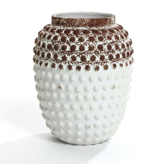 LuxenHome Vintage White and Brown Beaded 12-Inch Tall Urn Vase