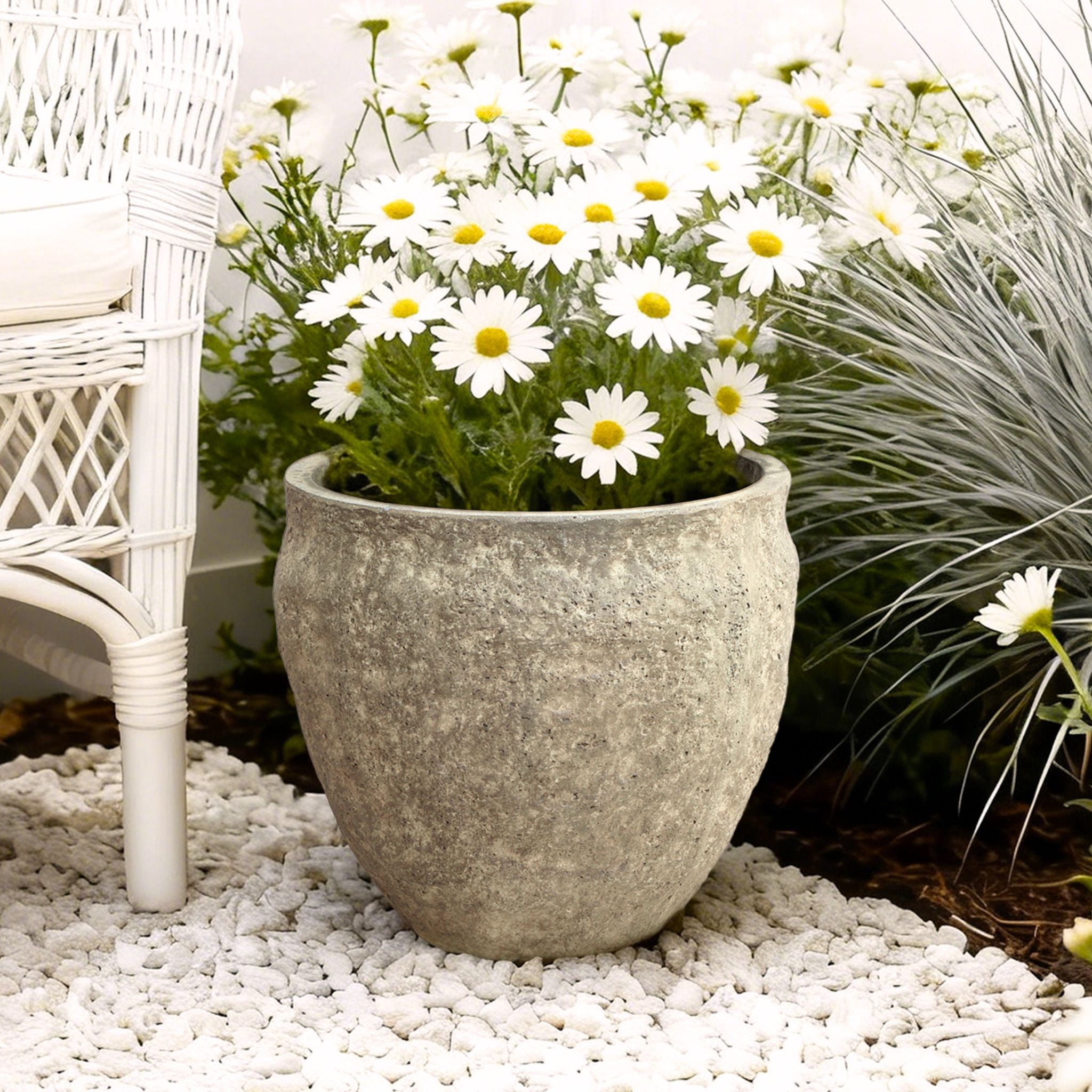 LuxenHome Weathered Earthstone Green Round Planter, 12.4" Round, Textured Concrete Pot