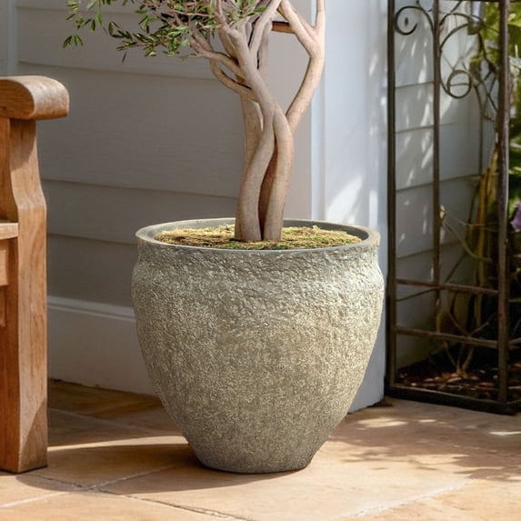 LuxenHome Weathered Earthstone Green Round Planter, 16.5" Round, Textured Concrete Pot