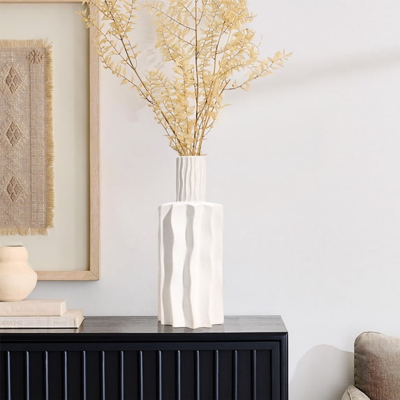 LuxenHome White Fluted 15-Inch Tall Stoneware Table Vase