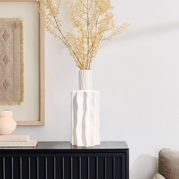 LuxenHome White Fluted 15-Inch Tall Stoneware Table Vase
