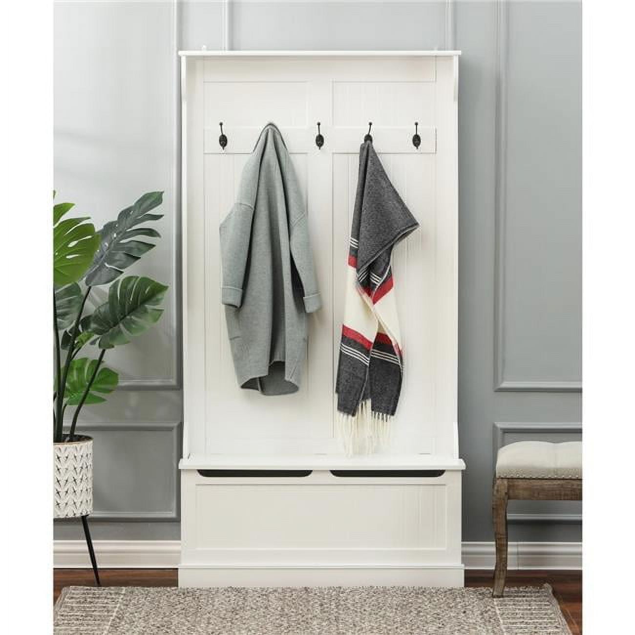 Bright White MDF Hall Tree with Storage Bench and Coat Hooks
