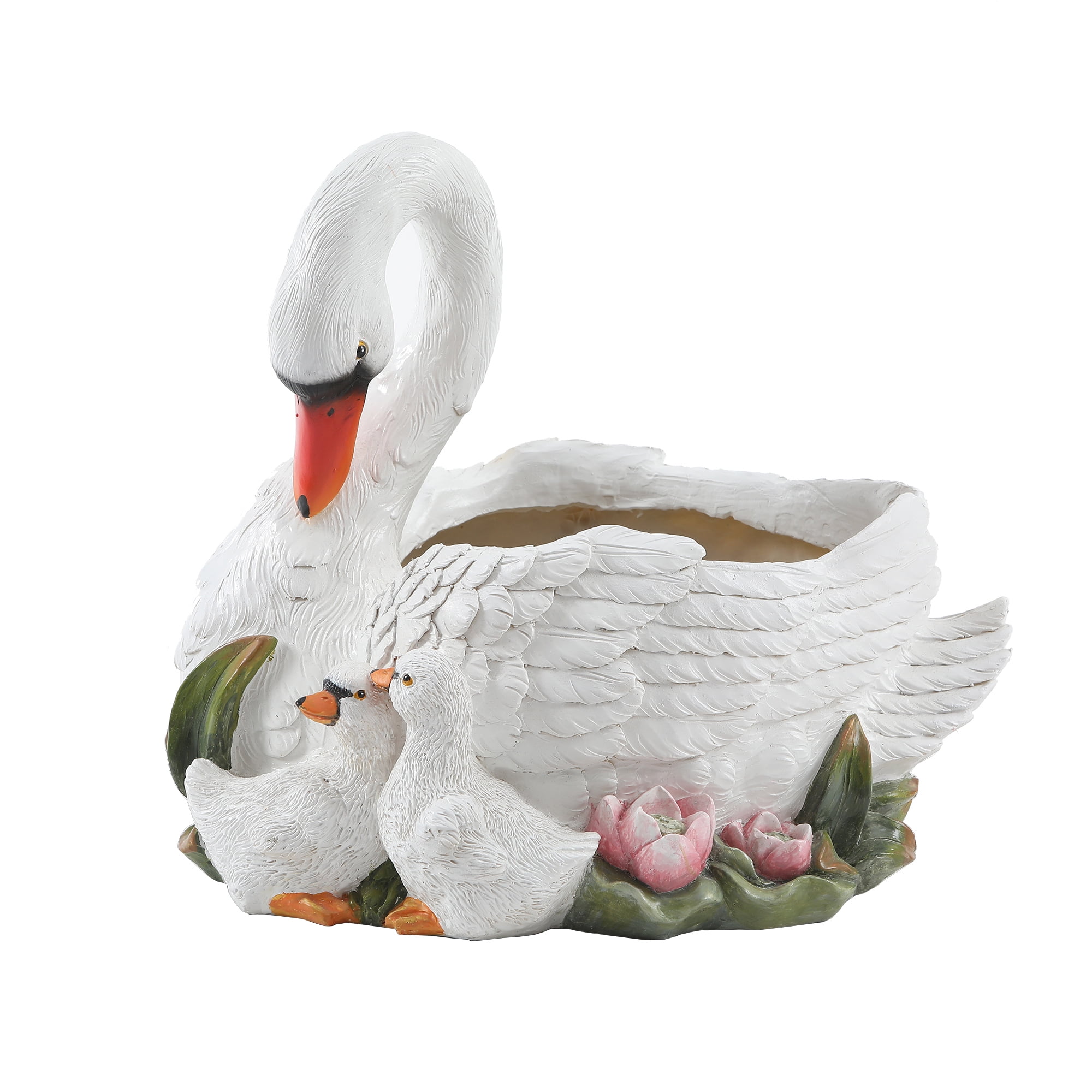 White Resin Swan Family Planter with Multicolor Accents
