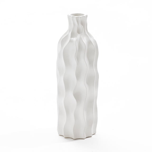 LuxenHome White Waves Ceramic 15.75-Inch Tall Round Vase