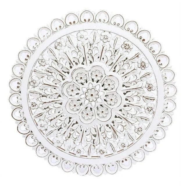LuxenHome White Wood Flower Round Wall Decor