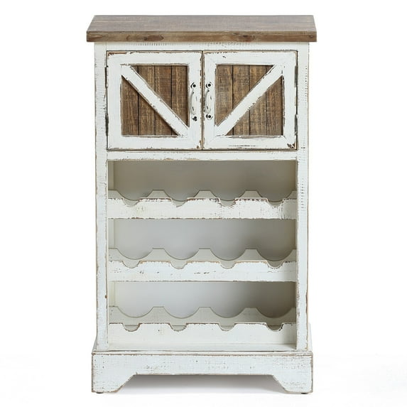 LuxenHome White and Natural Wood 2-Door Wine Cabinet