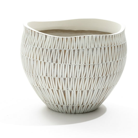 LuxenHome White with Gold V-Pattern Polyresin 10-Inch Round Planter