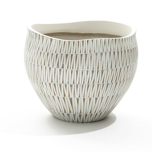 LuxenHome White with Gold V-Pattern Polyresin 12-Inch Round Planter