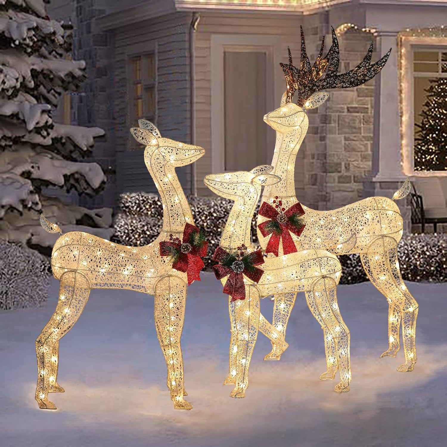Luxenhome Lighted Outdoor Christmas Decorations, 59" Set Of 3 Deer