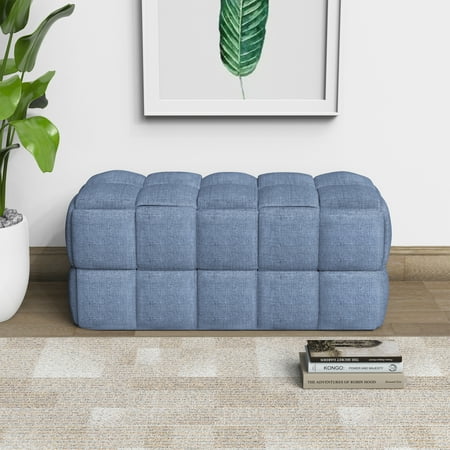 Luxerna Blue 36-inch Padded Natural Linen Box Weave Comfort Bench