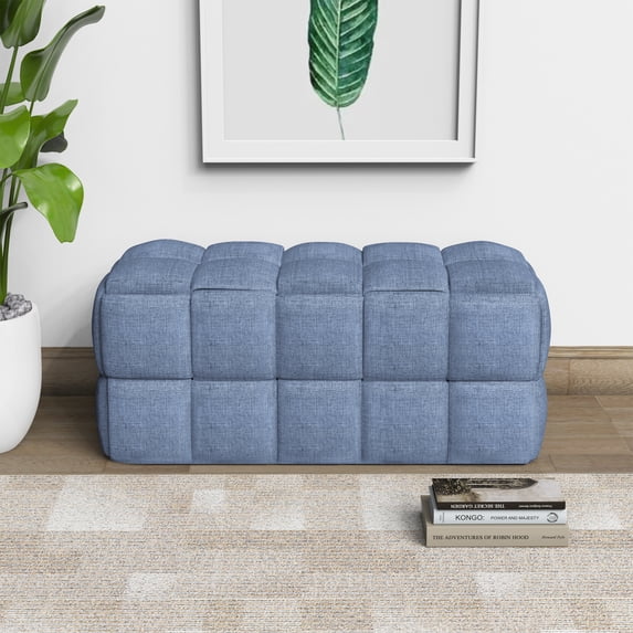 Luxerna Blue 36-inch Padded Natural Linen Box Weave Comfort Bench