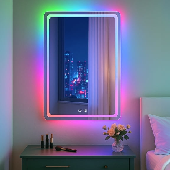 Luxfurni 20" x 27.5" Wall Mounted Lighted Vanity Mirror LED Bathroom Mirror RGB LED Mirror for Bathroom