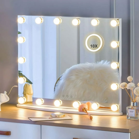 Luxfurni 25''x21'' Vanity Mirror with Lights Large Hollywood Makeup Mirror Tabletop & Wall Mounted White