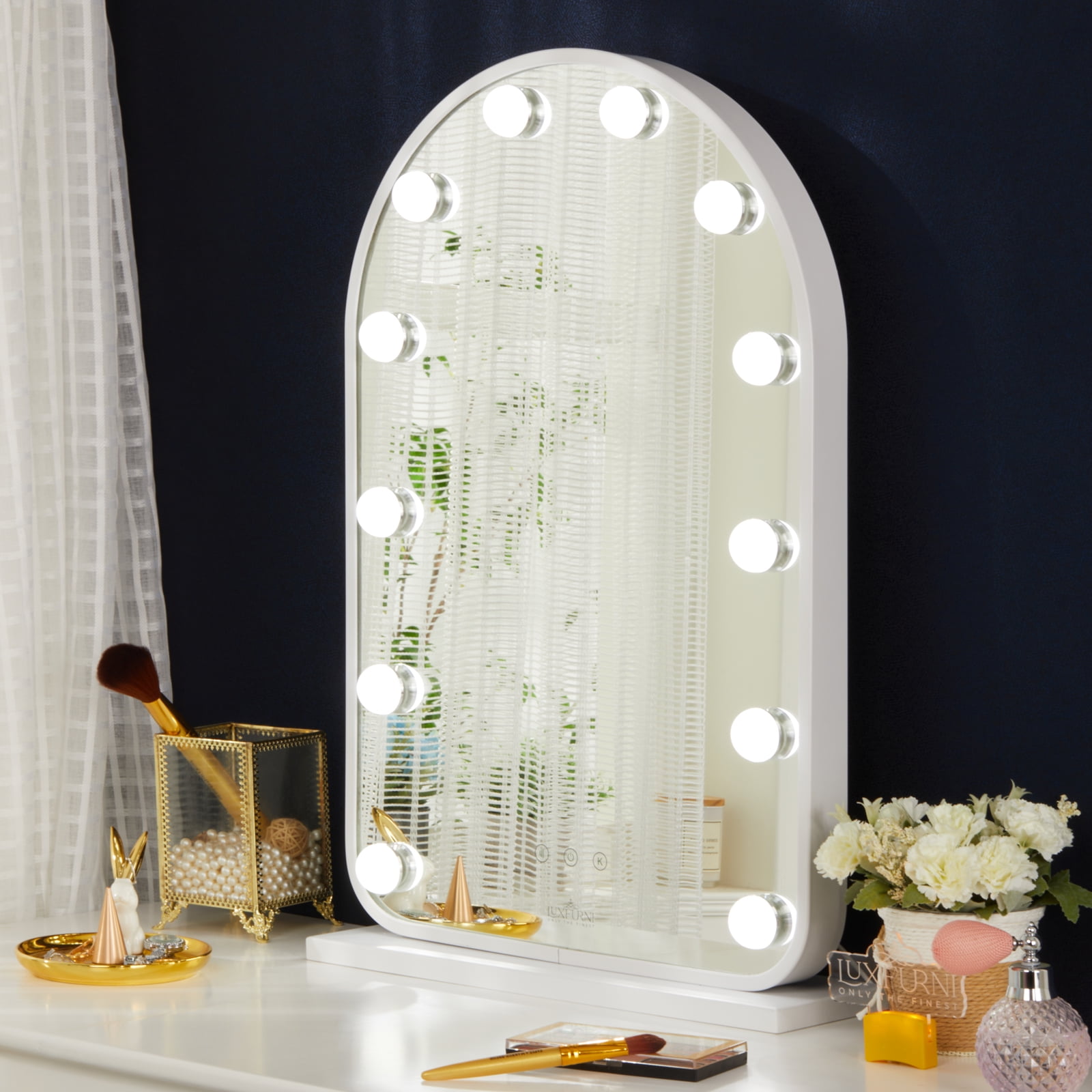 Luxfurni Vanity Mirror with Lights Large Hollywood Vanity Mirror MDF White  Tabletop Mirror 