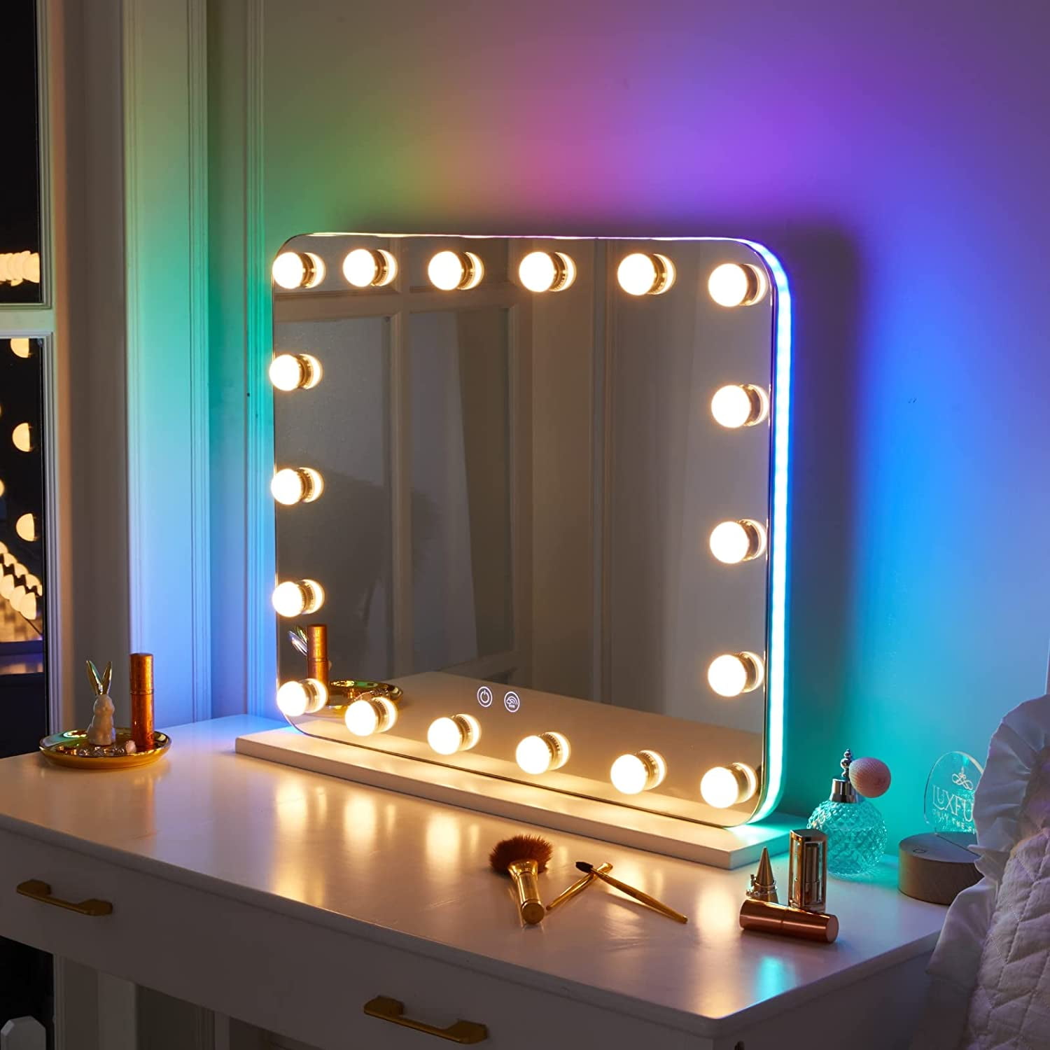 LUXFURNI Vanity Mirror with Makeup Lights, Large Hollywood Light up Mirrors  w/ 18 LED Bulbs for Bedroom Tabletop & Wall Mounted (26Lx21W, White)