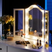 Luxfurni Hollywood Trifold Vanity Mirror with 10 LED Lights Dimmable Tabletop Makeup Mirror White