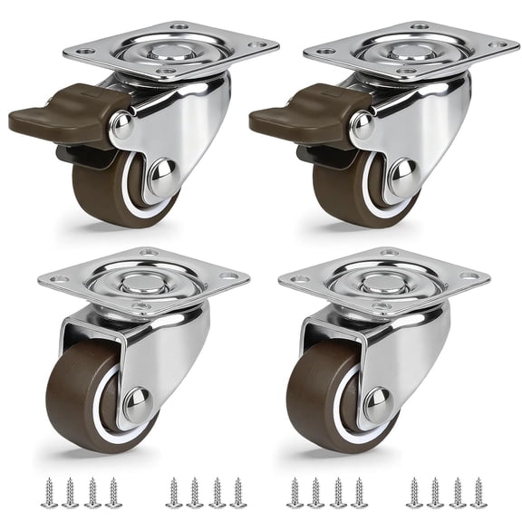 Luxinia 1 Inch Small Caster Wheels for Furniture, Low Profile Swivel Plate Locking Casters Set of 4 Heavy-Duty 99 LBS, Soft Silent Rubber Replacement Wheels for Furniture (2 with Brakes, 2 Without)