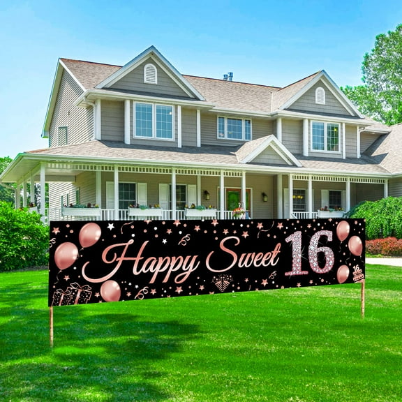 Luxiocio Sweet 16 Banner 72.8 x 15.7 "HAPPY SWEET 16" Rose Gold Birthday Yard Signs