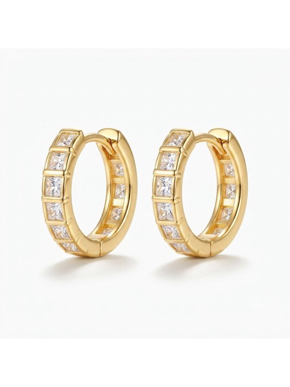 Gold Plated CZ Huggie Hoop Earrings for Women, Square Cut Cubic Zirconia, Fashion Jewelry