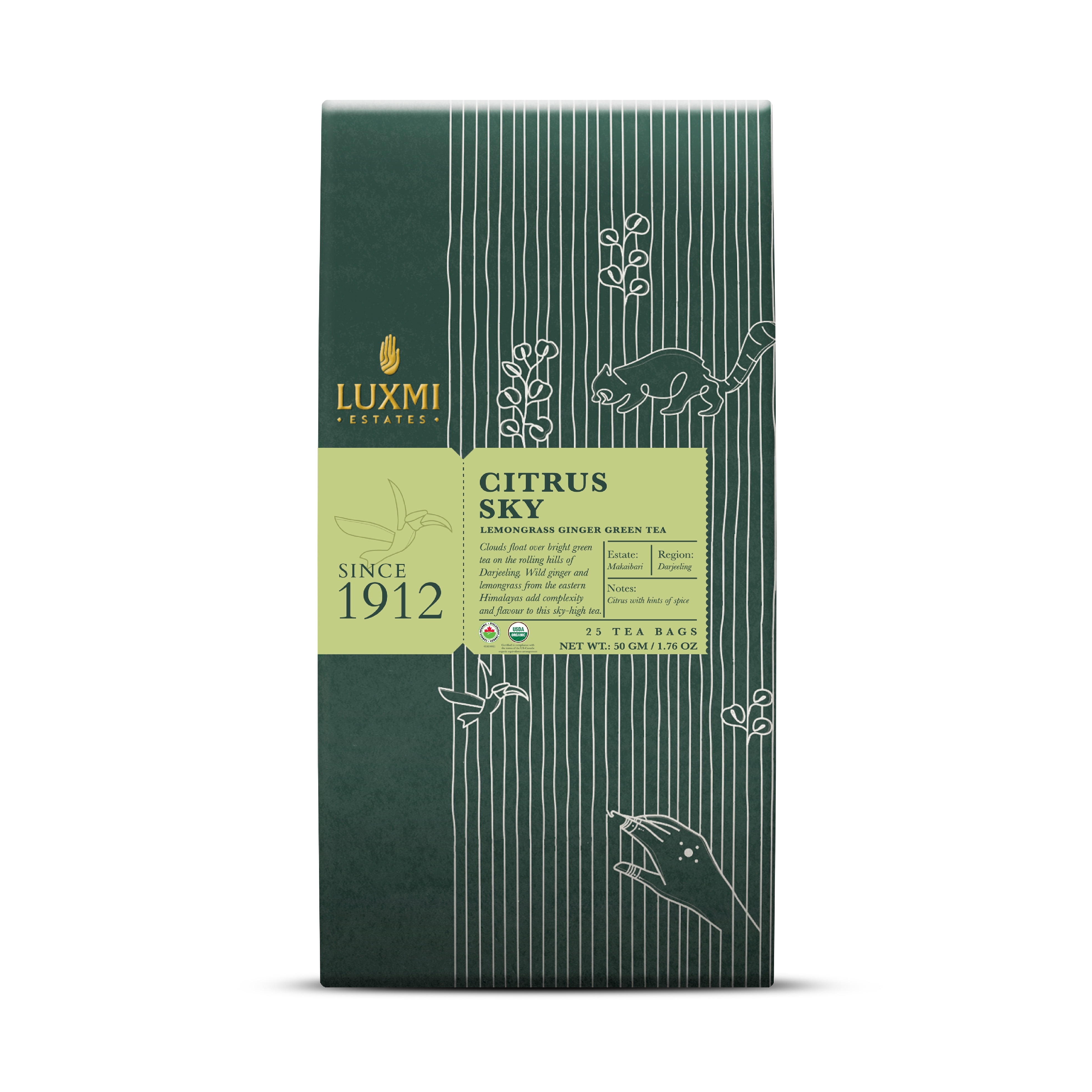 Luxmi Estates Citrus Sky Green Tea 25 Tea Bags (50g) Pack | Certified Organic Darjeeling Green Tea