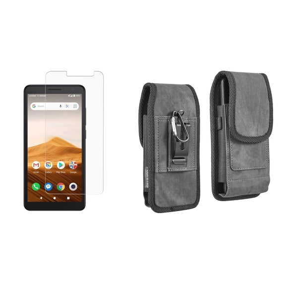 Luxmo Alcatel Glimpse (Cricket Wireless) Belt Holster Bundle: Vertical Rugged Nylon Carrying Pouch Clip Phone Case (2 Card Slots/Pen Holder) with Tempered Glass Screen Protector - Dark Gray