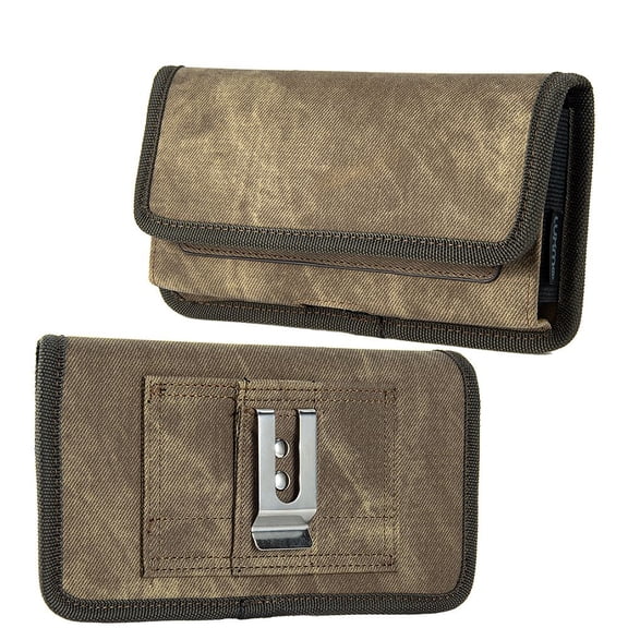 Luxmo Belt Holster Case for Cricket Vision Plus - Horizontal Rugged Denim Fabric Nylon [3 Card Slots] Phone Carrying Pouch (Fits with Cases) - Tan Brown