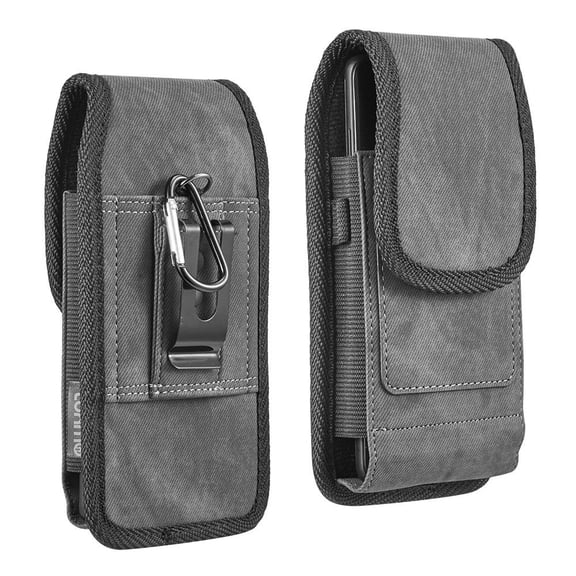 Luxmo Belt Holster for Google Pixel 7a Case - Vertical Rugged Denim Fabric Nylon [Card Slots & Pen Holder] Phone Carrying Case Pouch (Fits with Cases) with LED Flashlight - Dark Grey/Black