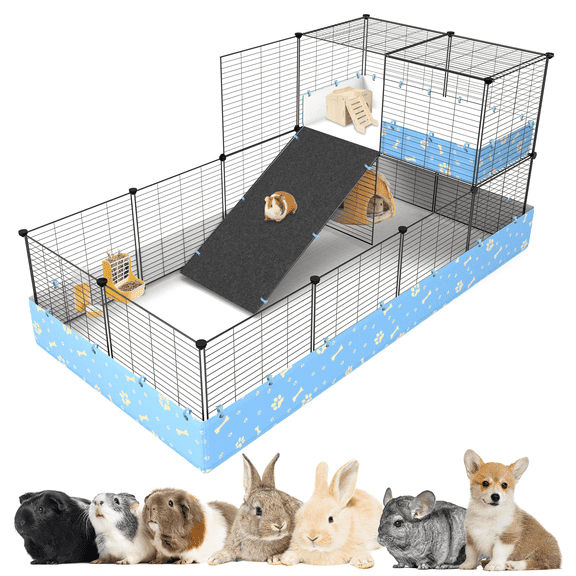 Luxmo Guinea Pig Cage, Indoor C&C Rabbit Kitten Small Animal Cage with Waterproof Liner, Loft and Partition for Rabbit, Chinchilla and Hamster, Habitat Fence Playpen with 25PCS Pannels