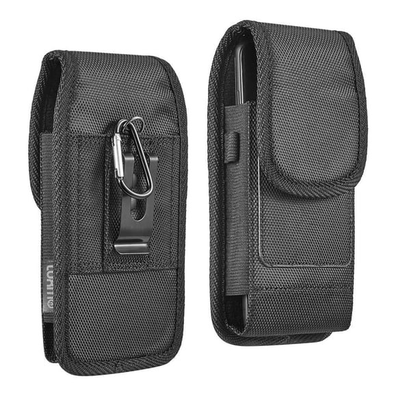 Luxmo Rugged Pouch Compatible with iPhone 13 Pro Belt Holster (Vertical Nylon Phone Holder Carrying Clip Case) with Keychain Tool - Black