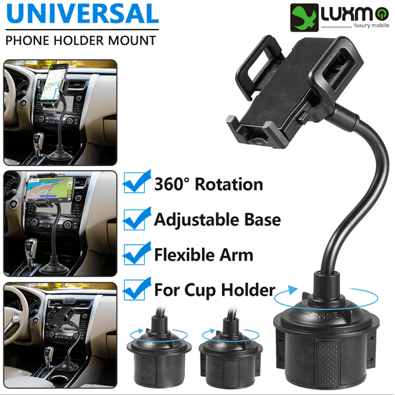 Luxmo Universal Cup Holder Cell Phone Car Mount with Long Adjustable Arm And Rotatable Cradle With Quick Release Button - Black