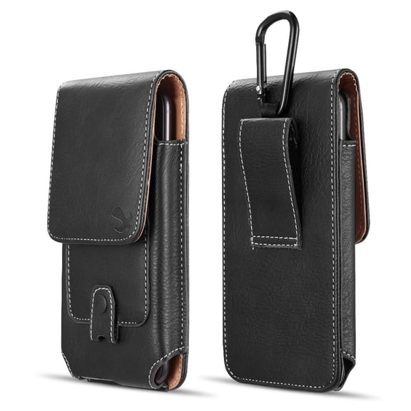 Luxmo Vertical Series Phone Holder Compatible with AT&T AXIA - PU Leather Belt Holster Pouch Case with Inner Card Slots and Atom Cloth - Black