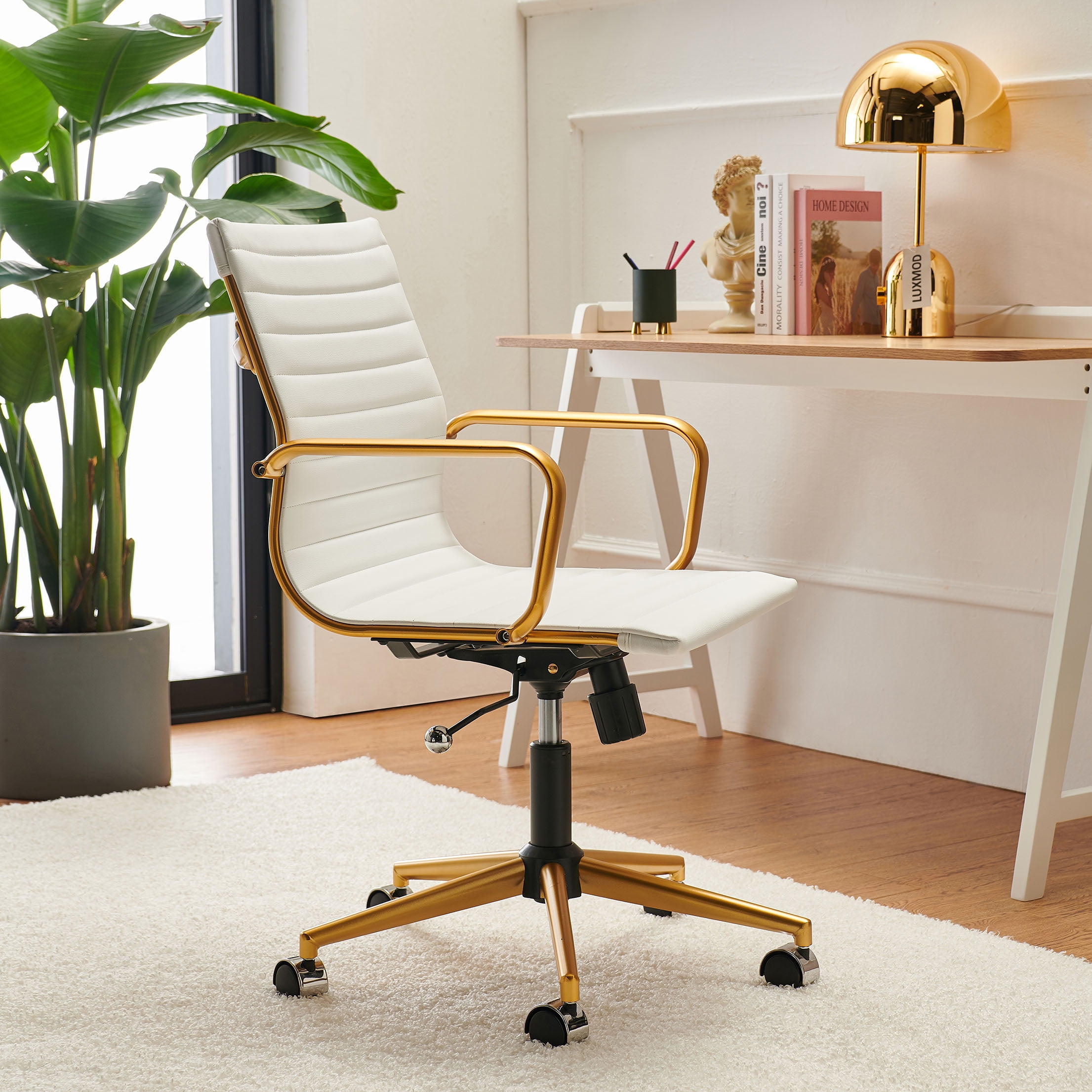 Luxmod Mid Back Gold Office Chair in White Leather, Adjustable Swivel Chair in Durable Vegan Leather, Ergonomic Desk Chair for Extra Back & Lumbar Support, Modern Executive Chair