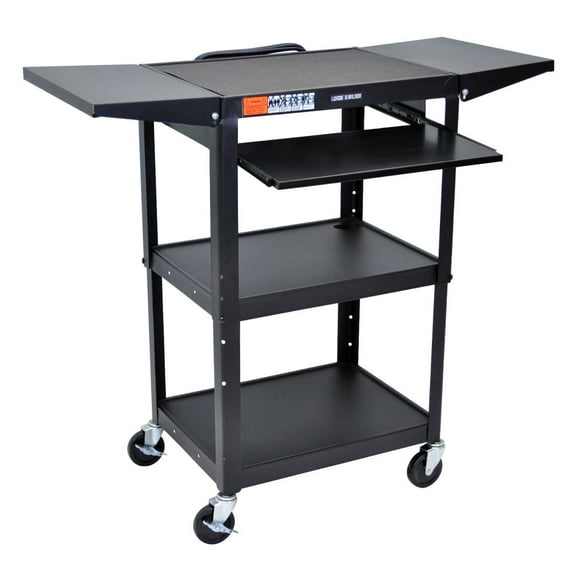 Luxor Leader Adjustable-Height Three-Shelf Media Utility Cart with Pullout Tray and Drop Leaf Shelves, 24" W x 18" D, Black